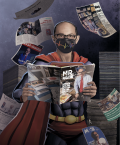 artist rendition of Samir Husni as Superman wearing a mask holding magazine newspapers flying around him